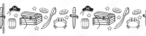  Seafaring motif, nautical border in doodle style.