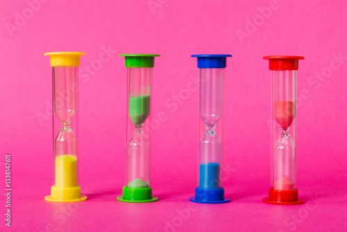 hourglass on the table, sand clock as time passing concept for business deadline, copy space