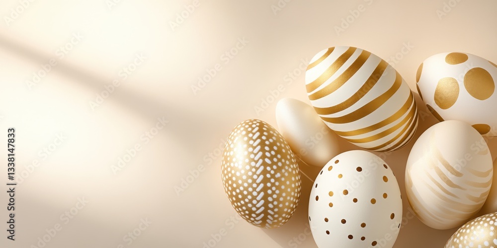 Fototapeta premium Elegant White and Gold Easter Eggs on Glitter Background