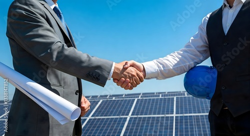 Two individuals in suits shake hands in front of solar panels, with one holding rolled plans and the other a blue helmet, symbolizing a business deal in renewable energy.
