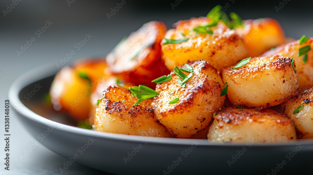 Serving of Seared Scallops with Fresh Herb Garnish Close Up View Serving of Seared Scallops with Fresh Herb Garnish Close Up View