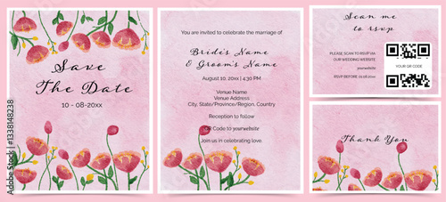 Watercolor wedding invitation suite with pink floral elements includes an invitation, RSVP card, and thank you card