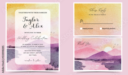 Watercolor wedding invitation suite with pink sunrise landscape and floral elements includes an invitation, RSVP card, and thank you card