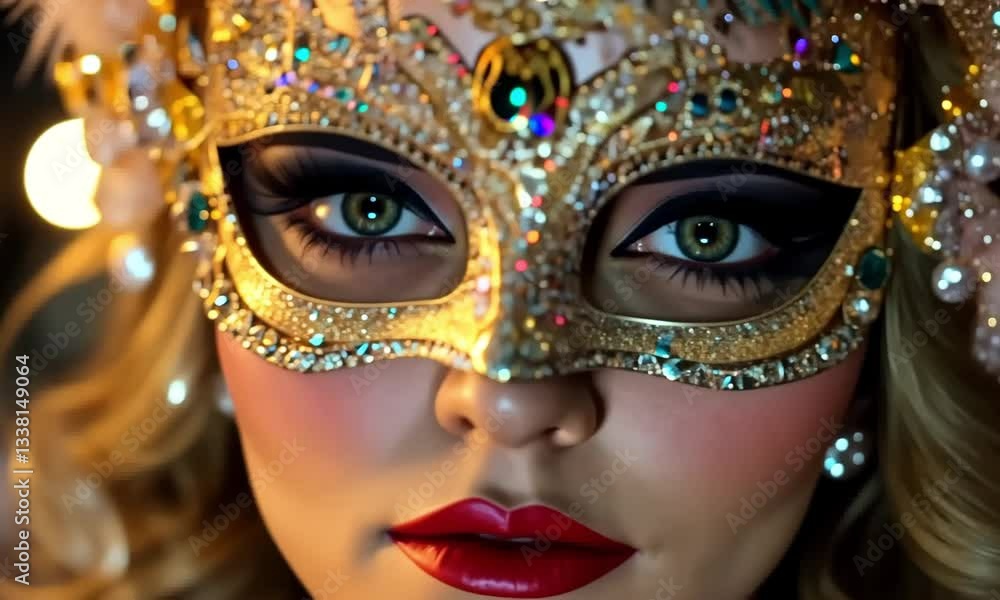 A close-up of a woman's captivating eyes behind an intricate gold masquerade mask adorned with jewels and glitter, evoking mystery and elegance.
A close-up of a woman's captivating eyes behind an intricate gold masquerade mask adorned with jewels and glitter, evoking mystery and elegance.