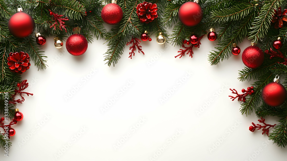 Festive Christmas border of ornaments and pine branches Festive Christmas border of ornaments and pine branches