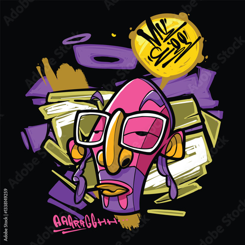 A vibrant and colorful graffiti-style vector illustration featuring a street art character with a snapback, hoodie, and sunglasses. Perfect for T-shirt designs, urban merchandise, and hip-hop-inspired