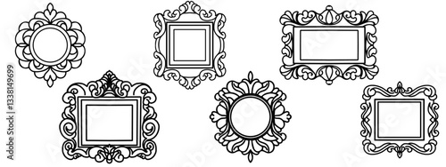 Empty picture frames in Victorian style. Vintage Classic baguette set for wall. Black and white Ornament borders, retro decorations for painting, photo. Vector illustration isolated on white backgroun