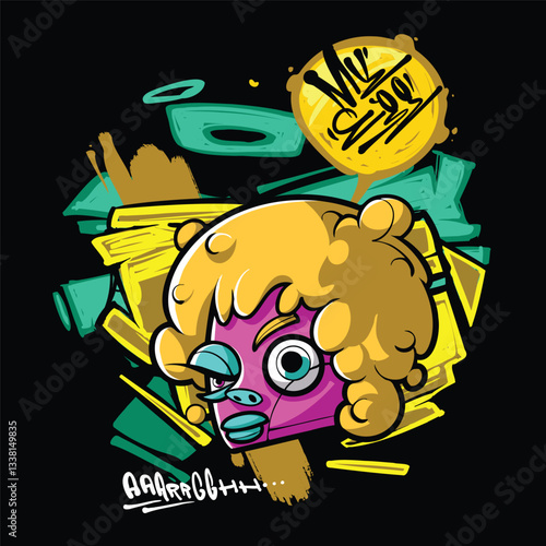 A vibrant and colorful graffiti-style vector illustration featuring a street art character with a snapback, hoodie, and sunglasses. Perfect for T-shirt designs, urban merchandise, and hip-hop-inspired