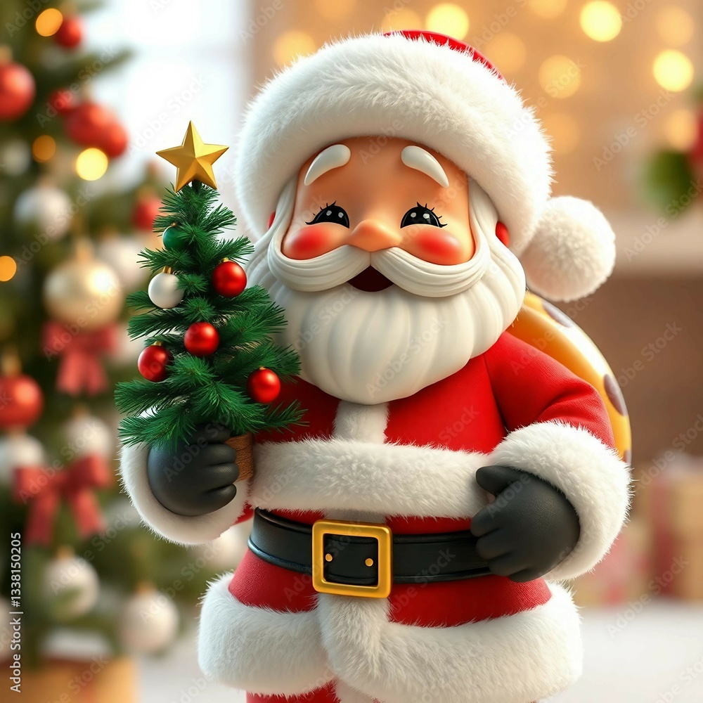 A cheerful Santa Claus figure dressed in traditional red, holding a small decorated Christmas tree with a golden star. A cheerful Santa Claus figure dressed in traditional red, holding a small decorated Christmas tree with a golden star.