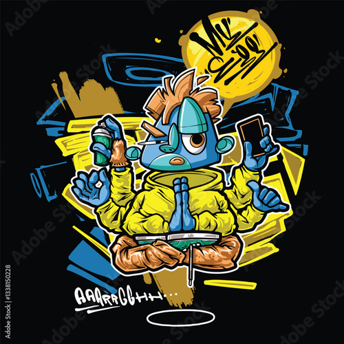 A vibrant and colorful graffiti-style vector illustration featuring a street art character with a snapback, hoodie, and sunglasses. Perfect for T-shirt designs, urban merchandise, and hip-hop-inspired