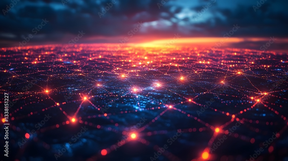 Obraz premium Vibrant global web concept with neon light connections spreading across the dark Earth