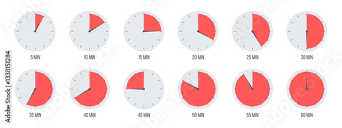 Countdown timer, clock, stopwatch vector icons set. Full rotation arrow timer. 5 minute to 1 hours stopwatches. Collection of timers in flat style isolated on white background. Vector illustration.