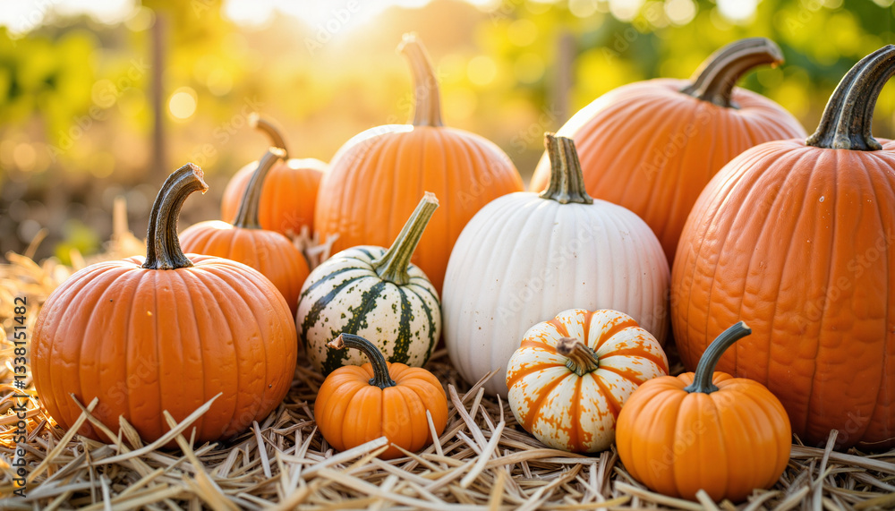 Assorted pumpkins and gourds on straw in golden sunlight, autumn harvest Assorted pumpkins and gourds on straw in golden sunlight, autumn harvest