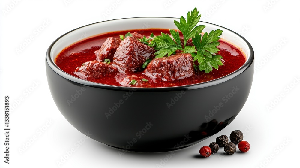 Rich Red Beef Stew in Black Bowl with Parsley Garnish Rich Red Beef Stew in Black Bowl with Parsley Garnish
