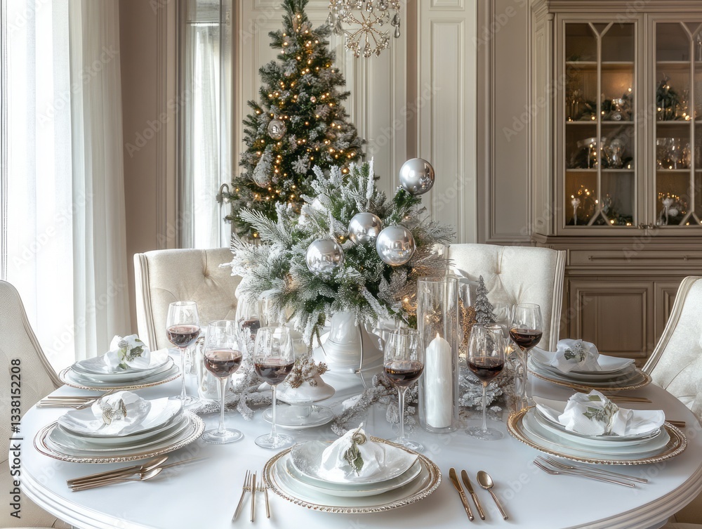 Elegant dining table decorated for a festive holiday season dinner Elegant dining table decorated for a festive holiday season dinner