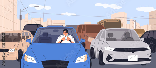 Traffic jam in city. Cars stuck on busy road during rush hour, congestion, slow movement on urban street. Angry stresses driver driving slowly among many vehicles in downtown. Flat vector illustration