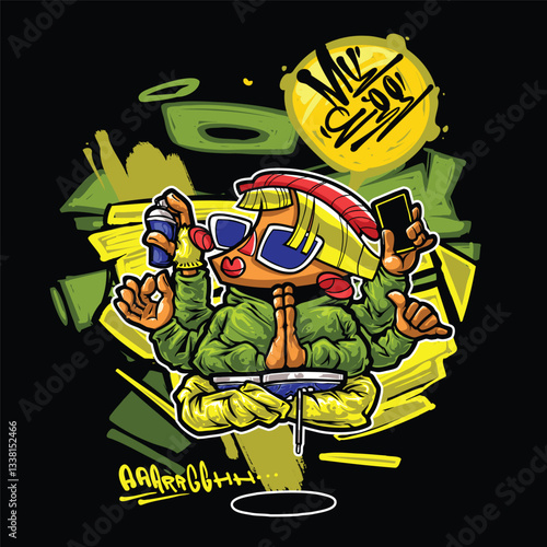 A vibrant and colorful graffiti-style vector illustration featuring a street art character with a snapback, hoodie, and sunglasses. Perfect for T-shirt designs, urban merchandise, and hip-hop-inspired