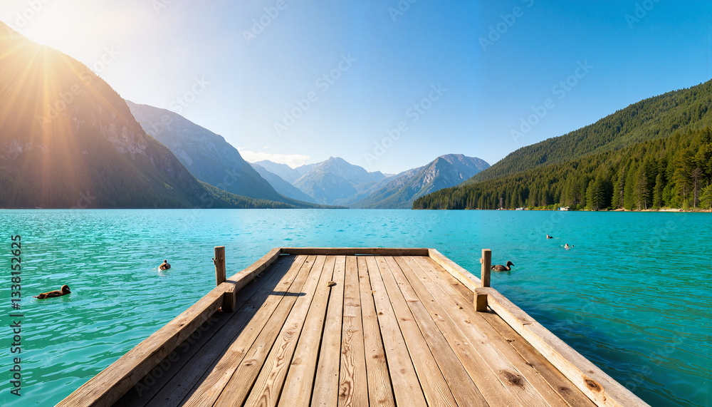 Serene wooden pier extending into tranquil turquoise lake, natural beauty Serene wooden pier extending into tranquil turquoise lake, natural beauty