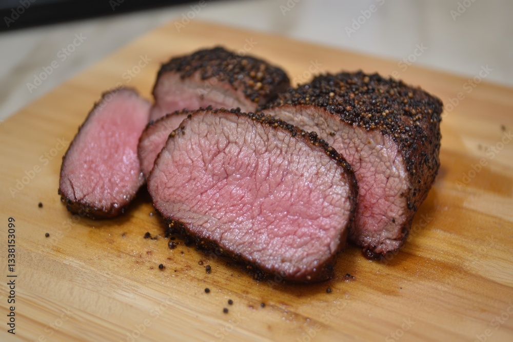 Piece of meat is cut in half and has pepper on it Piece of meat is cut in half and has pepper on it