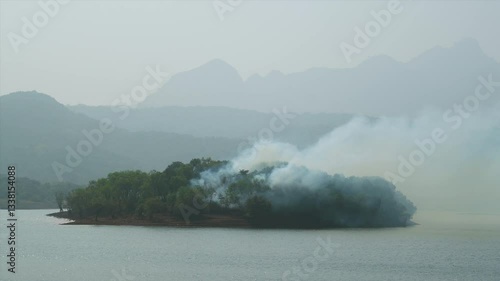 burning wildfire smoke emerging out of a small island in the middle of a lake
