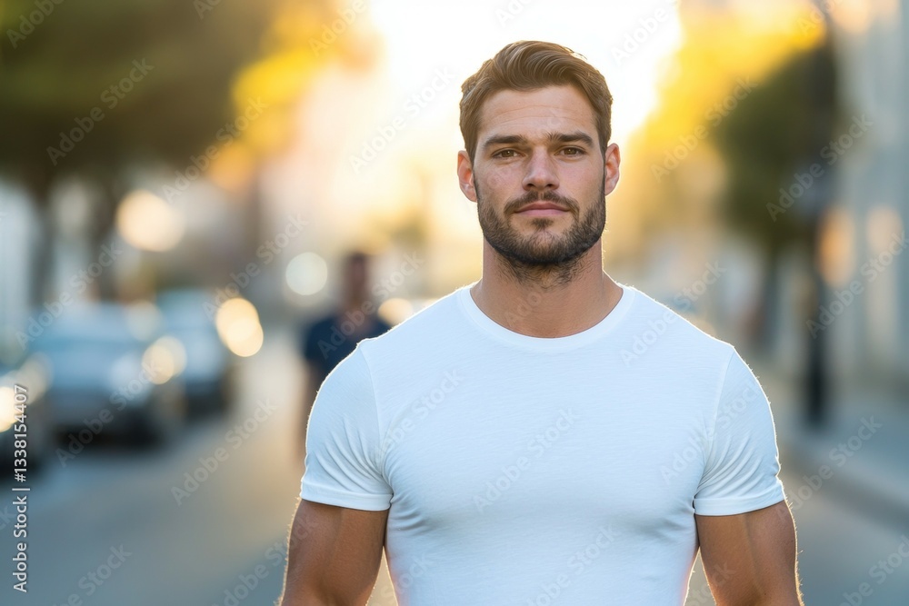 Man in a white shirt stands on a street with cars in the background Man in a white shirt stands on a street with cars in the background