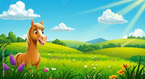 Happy Brown Horse in Sunny Meadow Landscape Illustration