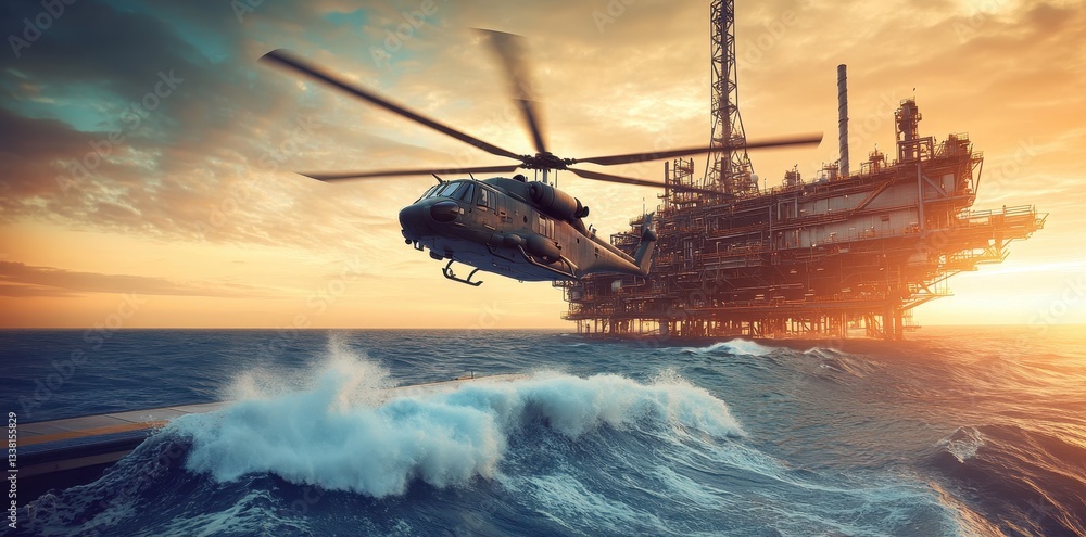 Fototapeta premium Military helicopter descends onto an offshore deck, showcasing precision and strength in aerial operations.