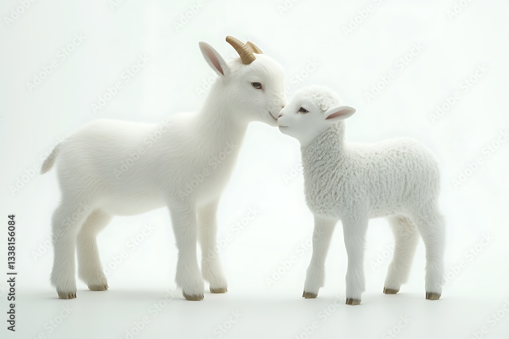 Obraz premium 3D Curious Baby Goat and Lamb Playing Together Isolated.