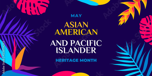 Asian american, native hawaiian and pacific islander heritage month. Vector banner for social media. Illustration with text and hibiscus. Asian Pacific American Heritage Month on blue background.