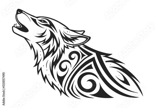 Tribal Howling Wolf Tattoo – Bold and Elegant Black and White Vector Illustration