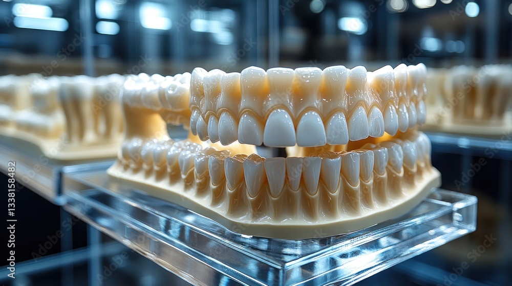 Obraz premium Close-up of a Dental Model Displaying a Full Set of Artificial Teeth