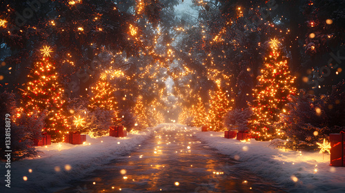 Magical Christmas Pathway Lit With Festive Trees And Gifts