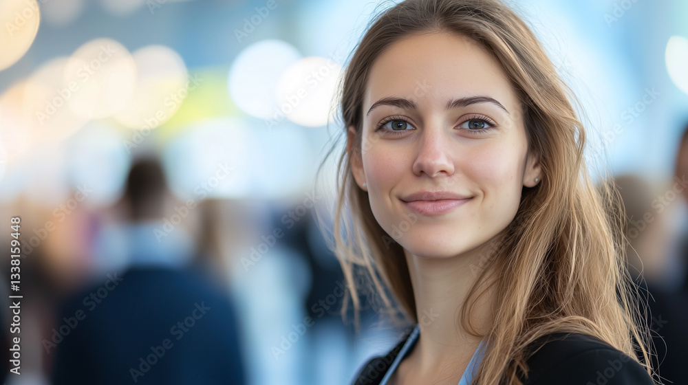 Fototapeta premium confident young woman smiling warmly at professional networking event, showcasing positivity and approachability in bright, modern setting