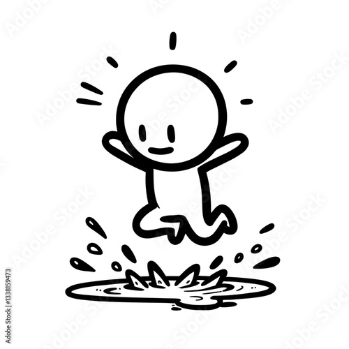 Stick figure jumping in puddle with excitement on white background