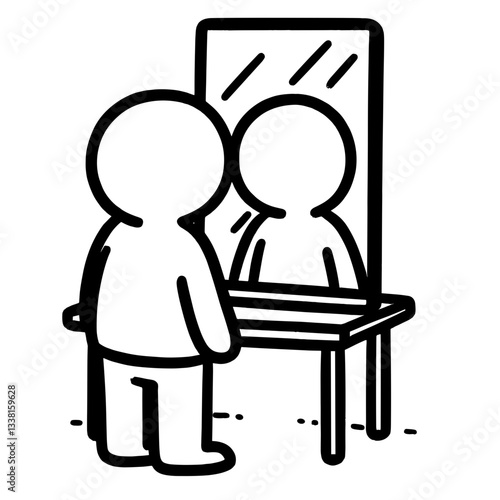 Stick figure looking at reflection in mirror on white background