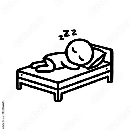Stick figure sleeping peacefully in bed on white background