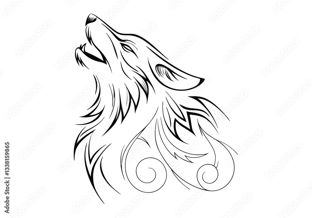 Fototapeta premium Tribal Howling Wolf Tattoo – Bold and Elegant Black and White Vector Illustration