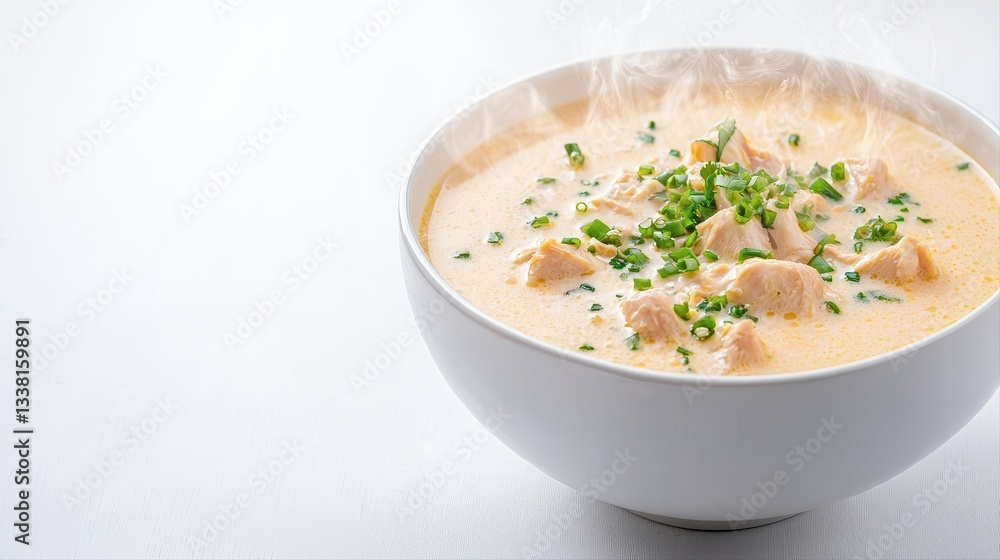 A steaming bowl of creamy chicken soup garnished with fresh chives sits beautifully on a clean white background ideal for culinary and food photography. A steaming bowl of creamy chicken soup garnished with fresh chives sits beautifully on a clean white background ideal for culinary and food photography.