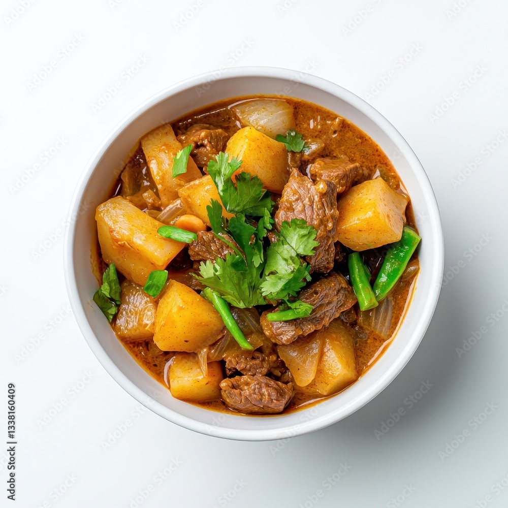 Hearty Beef and Potato Stew Garnished with Fresh Cilantro in a White Bowl Against a Clean White Background Perfect for Comfort Food Lovers and Recipes Hearty Beef and Potato Stew Garnished with Fresh Cilantro in a White Bowl Against a Clean White Background Perfect for Comfort Food Lovers and Recipes