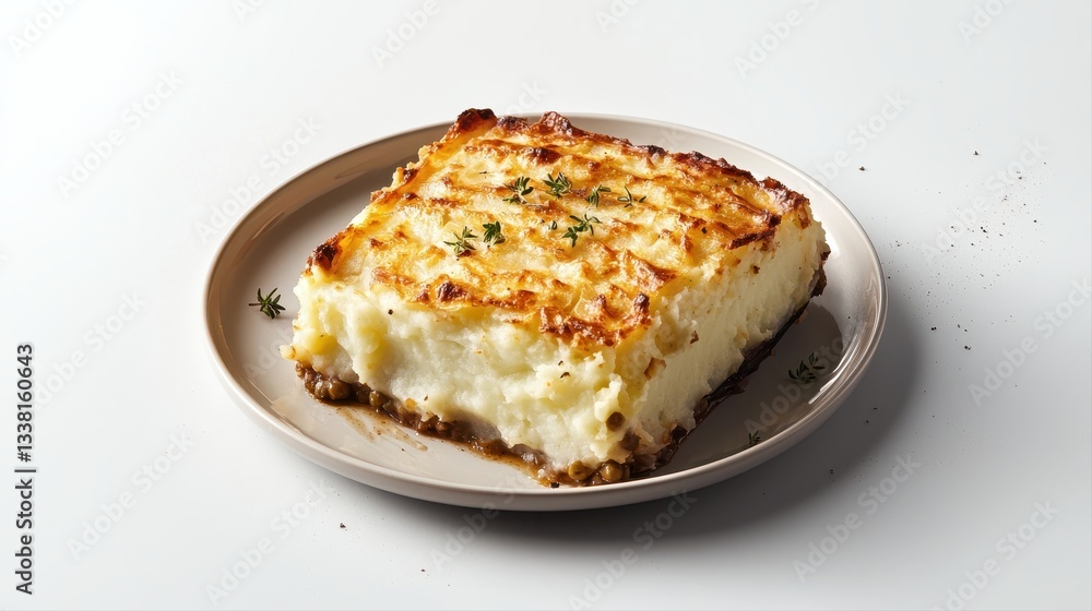 Golden-brown shepherd's pie topped with thick mashed potatoes served on a light beige plate against a clean white background for delicious meals. Golden-brown shepherd's pie topped with thick mashed potatoes served on a light beige plate against a clean white background for delicious meals.