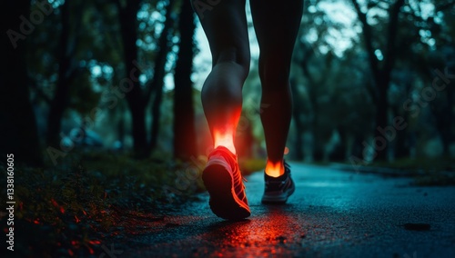 A person is walking on a wet road with their leg in pain