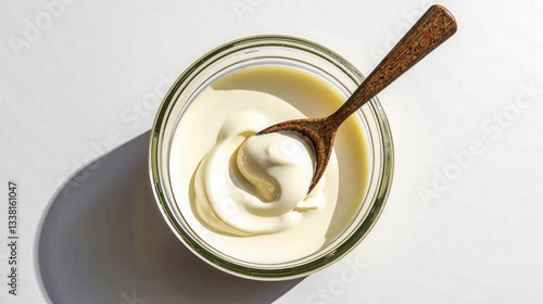 A jar of whipped cream sits on a table. The jar is half full and the cream is white. A wooden spoon is resting on top of the cream