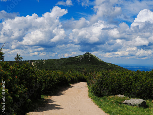 Fototapeta Naklejka Na Ścianę i Meble -  View of a mountain hut on top of Mount Szrenica in the Karkonosze Mountains. Poland