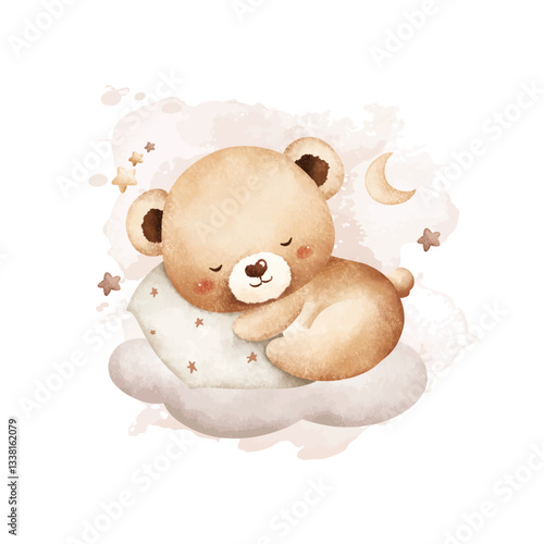 Watercolor Illustration Sleepy Baby Bear Holding Pillow Sits on Cloud with Moon and Stars