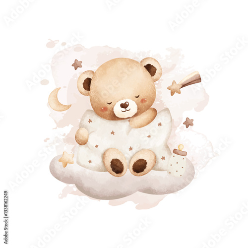 Watercolor Illustration Sleepy Baby Bear Sits on Cloud with Moon and Stars