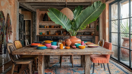 A rustic dining room featuring a long wooden table with chairs