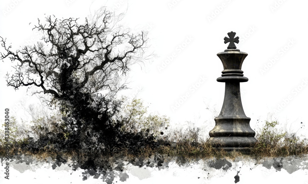 Stone chess king by barren tree, strategy concept Stone chess king by barren tree, strategy concept