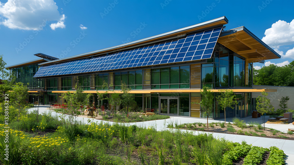 A green, sustainable cultural building featuring solar panels, energy-efficient technologies, and interactive design elements to engage the community. A green, sustainable cultural building featuring solar panels, energy-efficient technologies, and interactive design elements to engage the community.