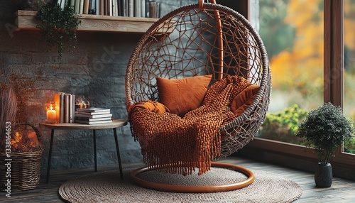 A cozy indoor scene featuring a hanging chair near a window