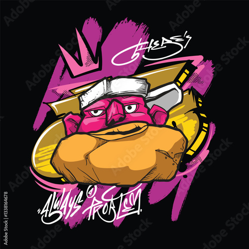 A vibrant and colorful graffiti-style vector illustration featuring a street art character